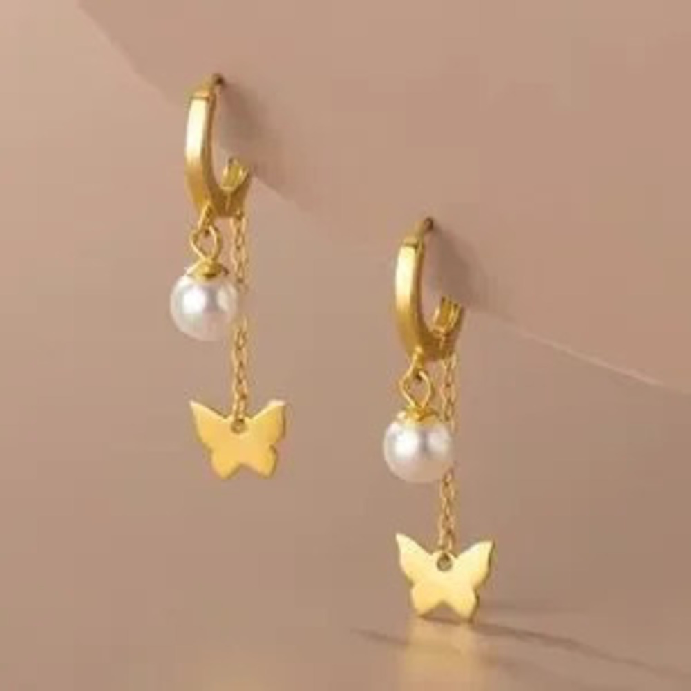 Cute Butterfly & Pearl Drop Earrings C Gold Plated 925 Sterling Silver
